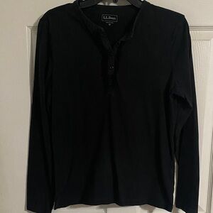 L.L. Bean LL bean Dark Long Sleeve Black Henley Cotton Tee ruffle accent M